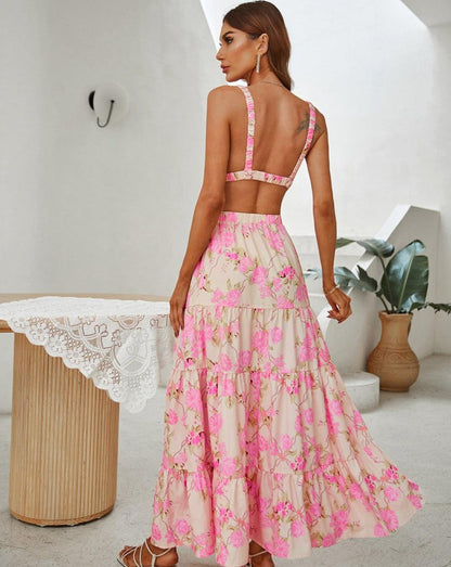 Floral Cami Top Patchwork Maxi Skirt Sets