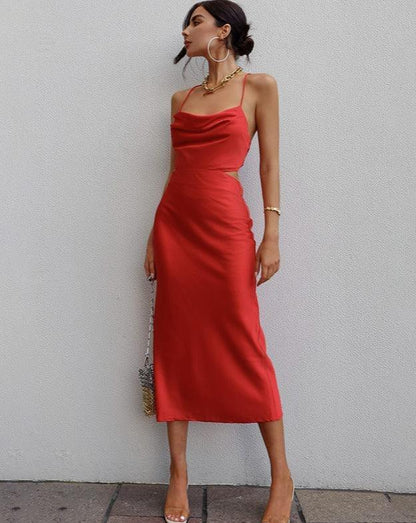 Satin Backstrap Midi Dress red
