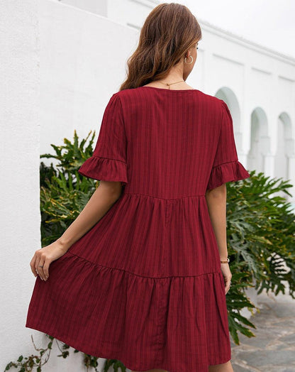 Boho Loose Fit Short Sleeve Mini Dress red