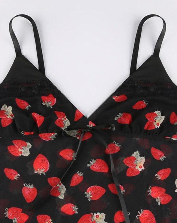 Strawberry Printed Mesh Cami Top Black Y2K Beach Bow Tie Tank Top – KIWEKIWI