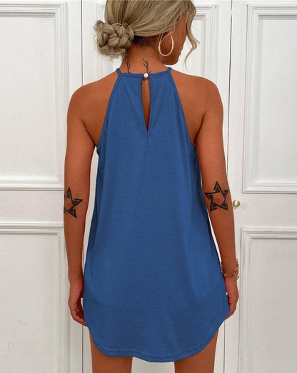 Solid Sleeveless Lace Patchwork Tank Top blue