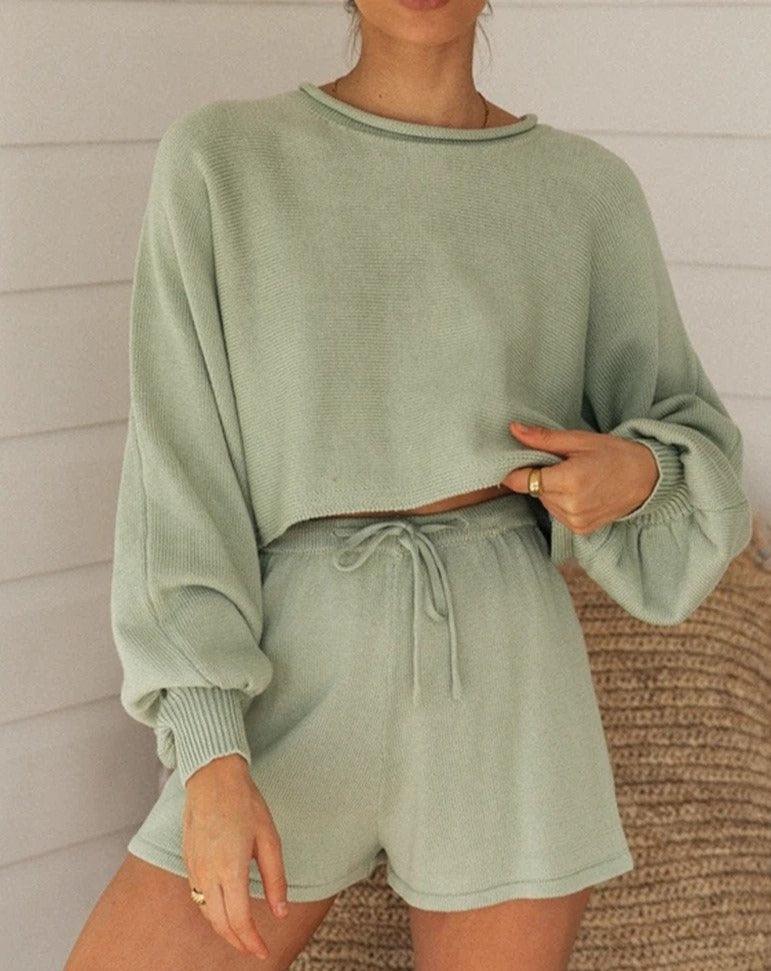Knit Long Sleeve Top Solid Short Sets green