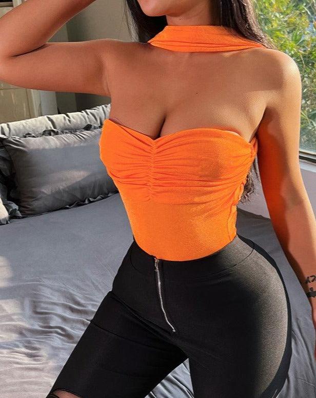 Solid Halter Backless Bodysuit orange