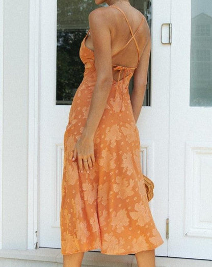 Floral Backless Split Midi Dress orange