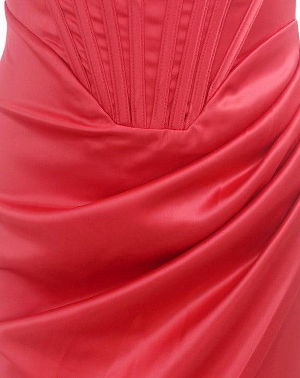 red satin fishbone off shoulder slit midi dress