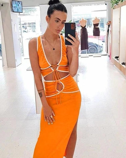 Cutout Cami Top Solid Split Midi Skirt Sets orange