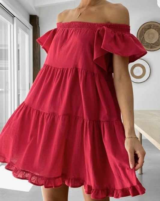 Boho Solid Off Shoulder Ruffles Patch Mini Dress