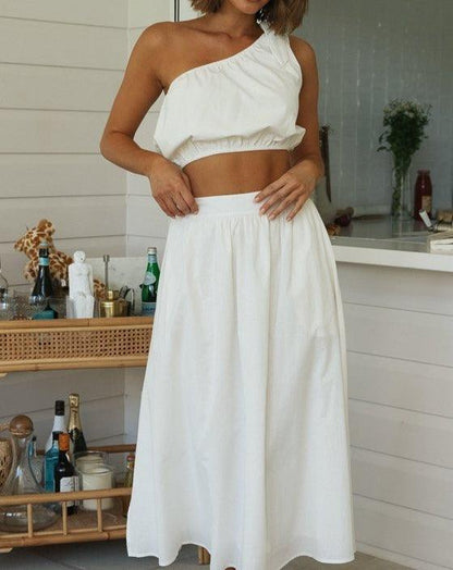 Solid One Shoulder Split Midi Skirt Sets white