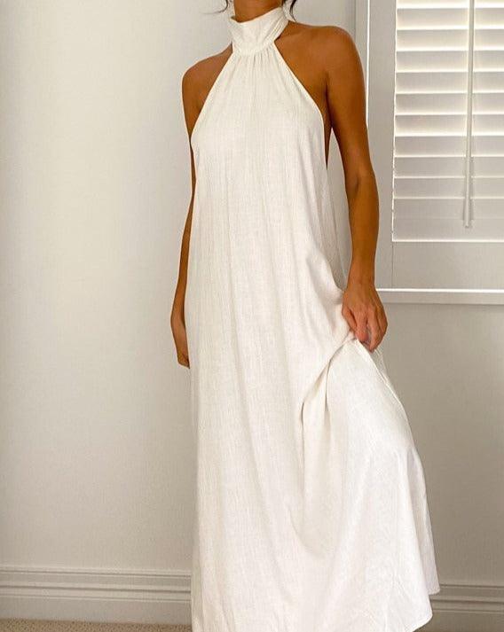 Boho Backless Haltered Maxi Dress White