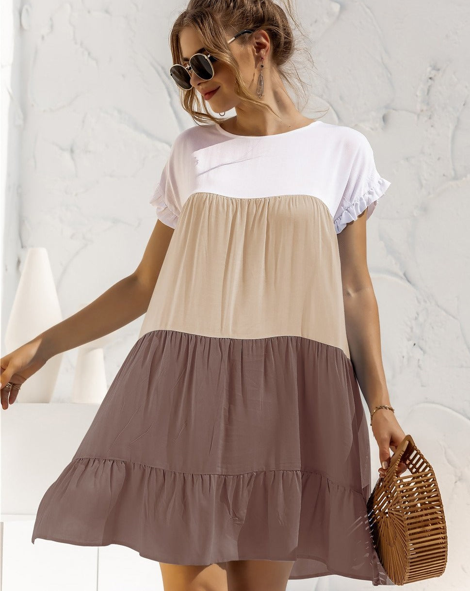 Boho Minimalist Short Sleeve Color Blocks Loose Mini Dress brown