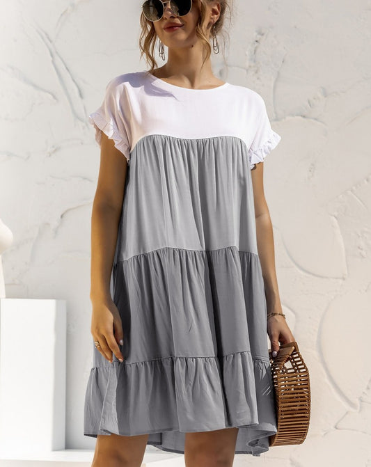 Boho Minimalist Short Sleeve Color Blocks Loose Mini Dress Gray