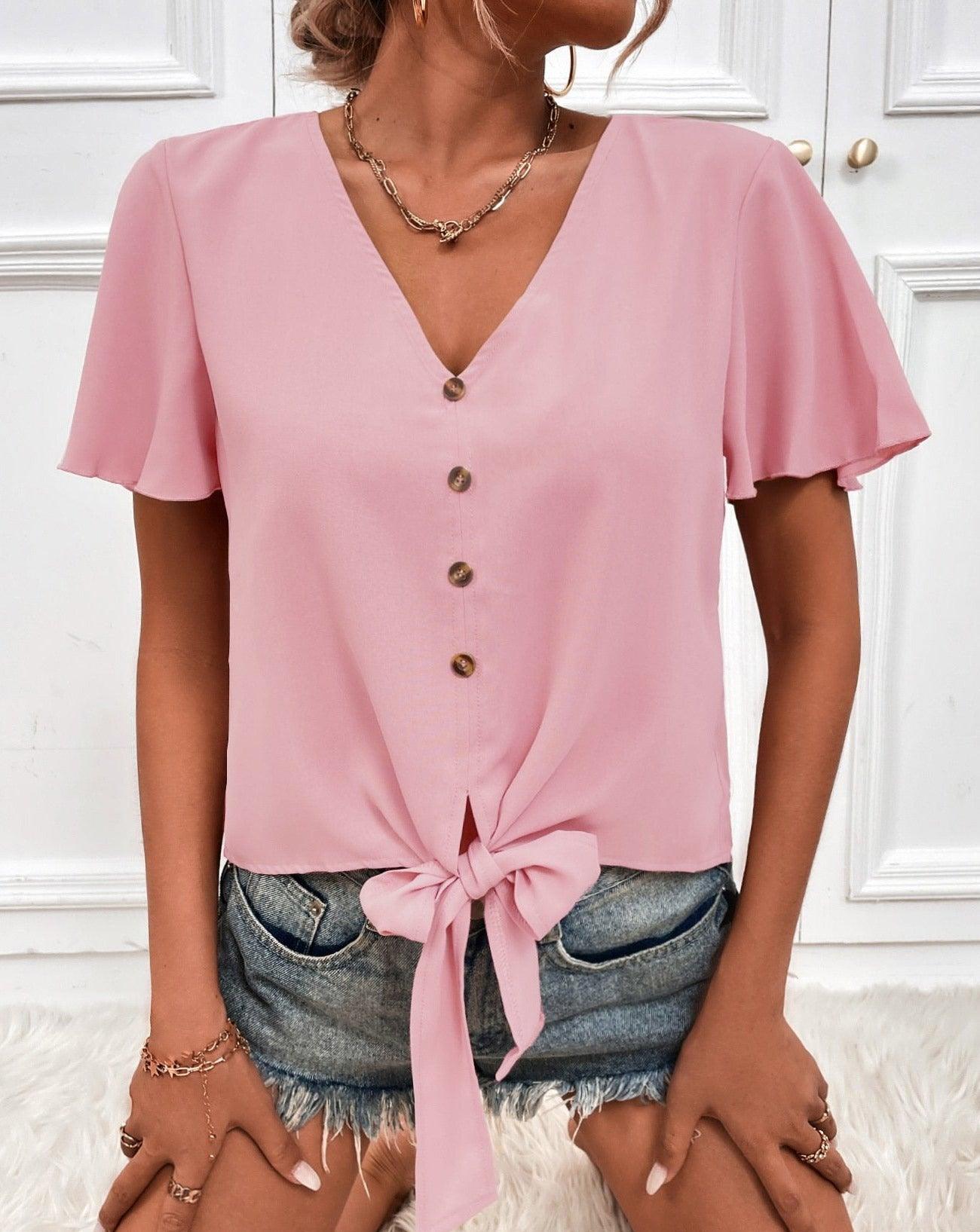 Solid V-Neck Buttons Blouses pink