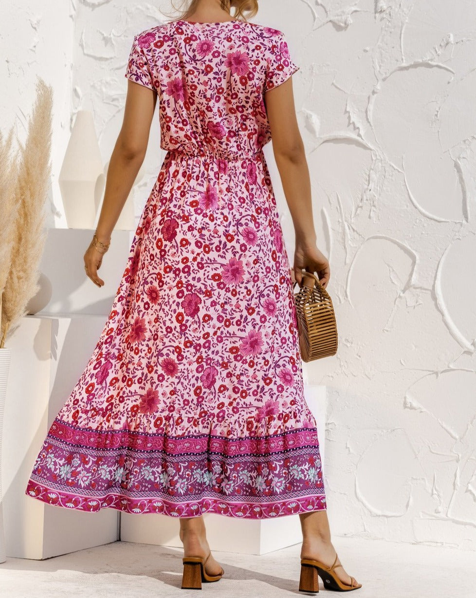 Boho Short Sleeve V Neck Floral Maxi Dress Pink