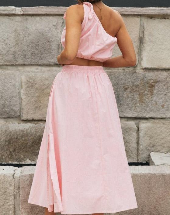 Solid One Shoulder Split Midi Skirt Sets pink