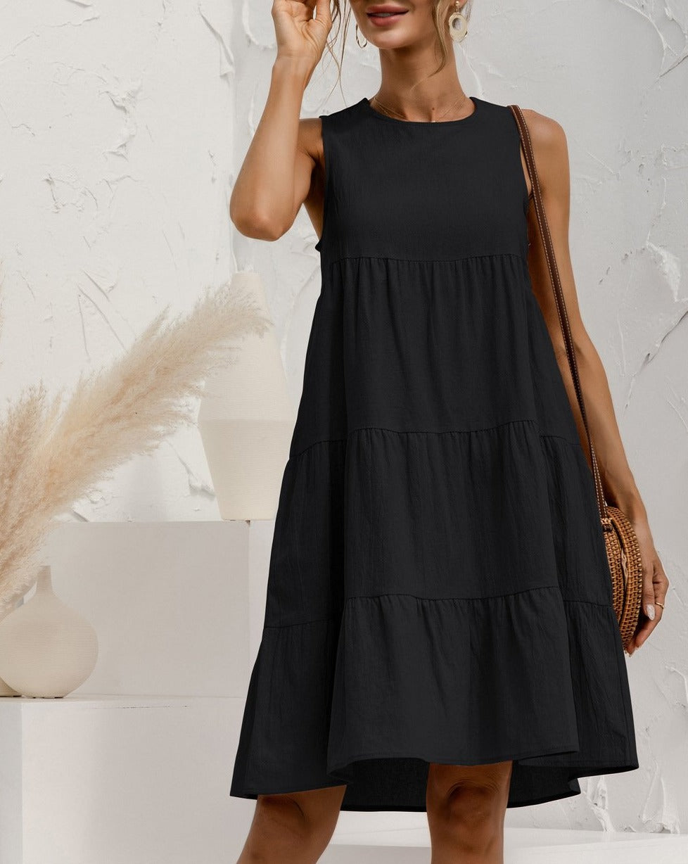 Minimalist Solid Sleeveless Tiered Loose A Line Dress Black