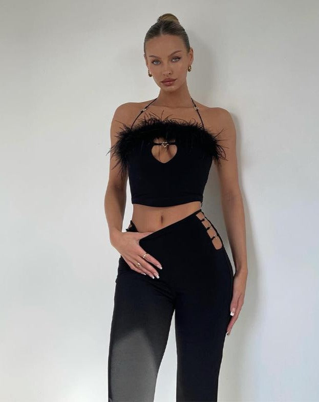 Halter Cami Top Feather Straight Pants Sets