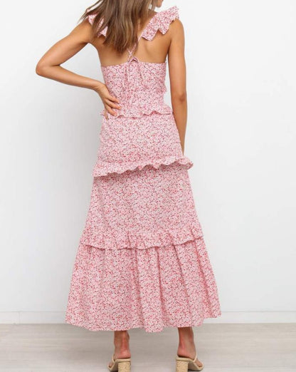 Floral V-Neck Sleeveless Patch Midi Dress Pink