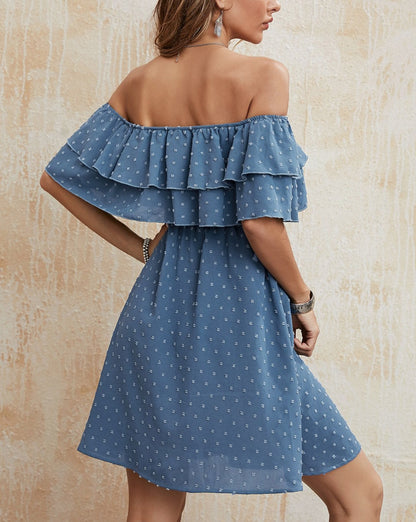 Boho Polka Dot Print Off Shoulder Mini Dress Blue