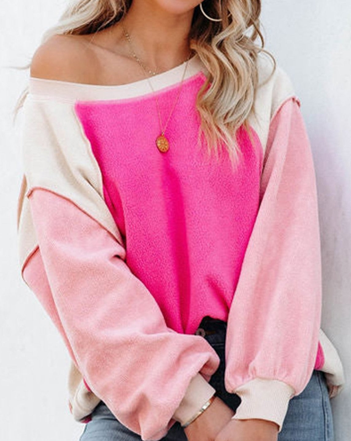 Plush Fleece Long Sleeve Patchwork Sweatshirt Pullover pink