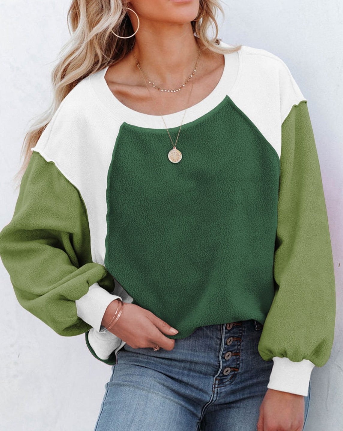Plush Fleece Long Sleeve Patchwork Sweatshirt Pullover green
