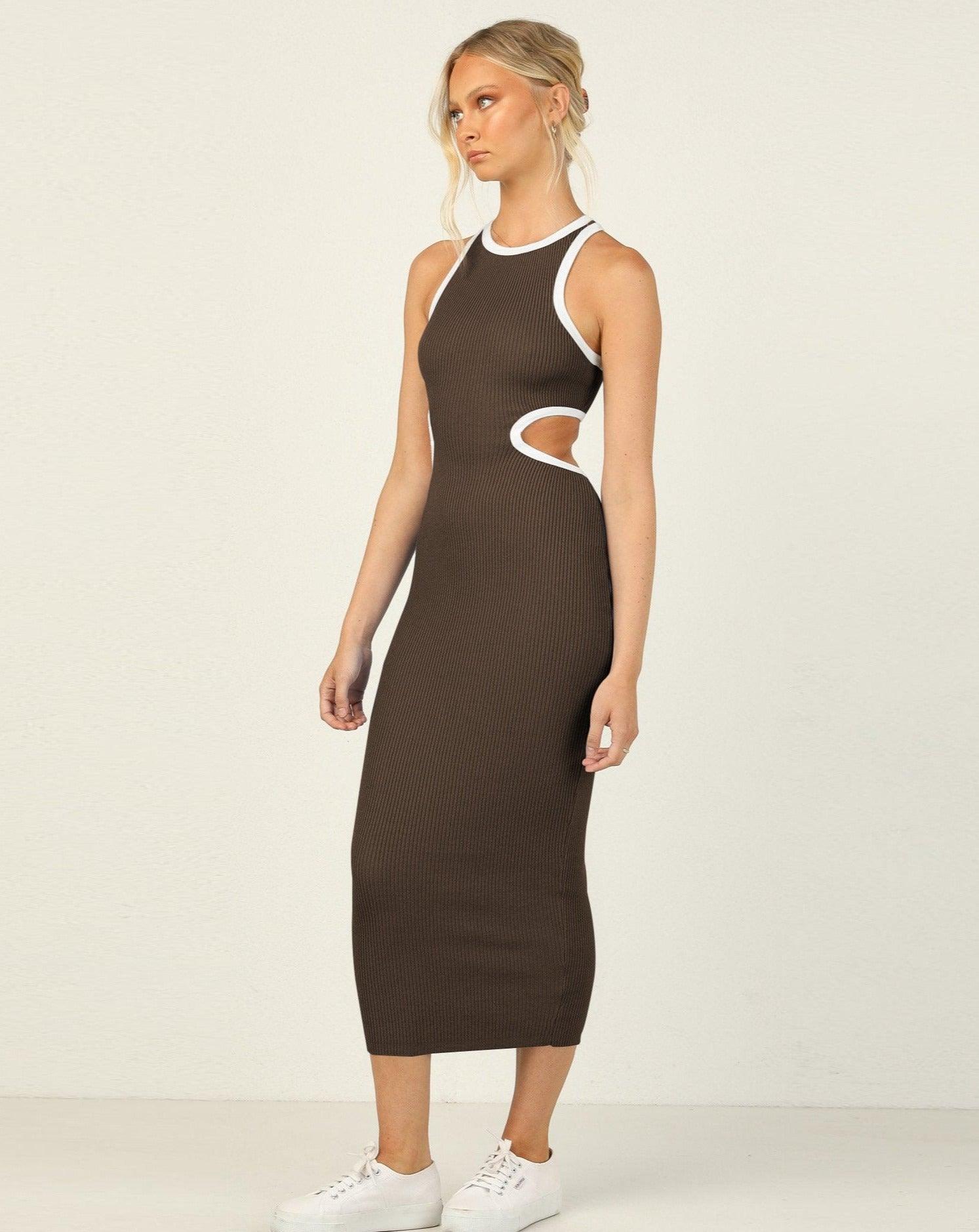 Cut Out Sleeveles Bodycon Dress brown