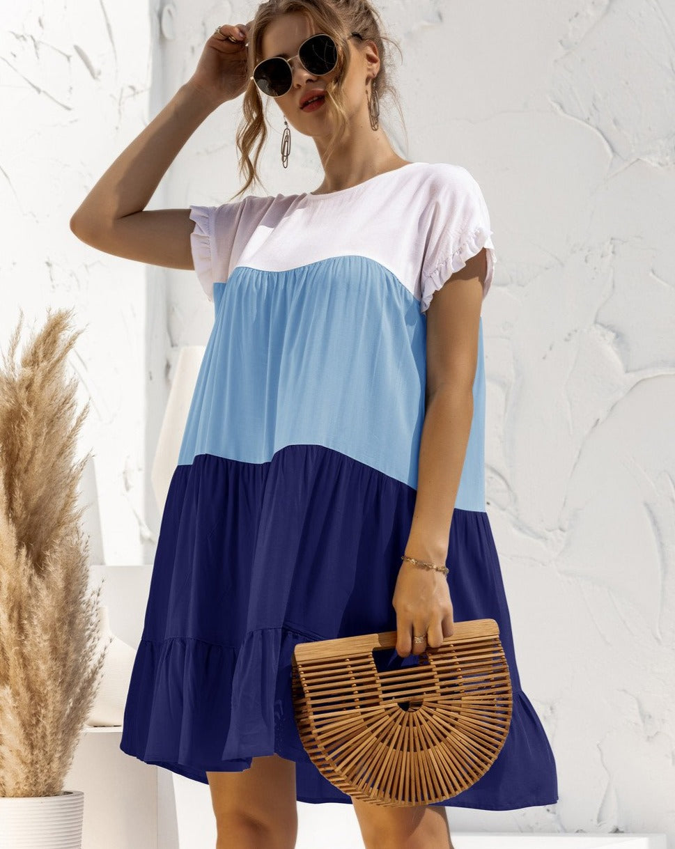 Boho Minimalist Short Sleeve Color Blocks Loose Mini Dress Blue