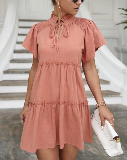 Solid Patchwork Short Sleeve Mini Dress pink