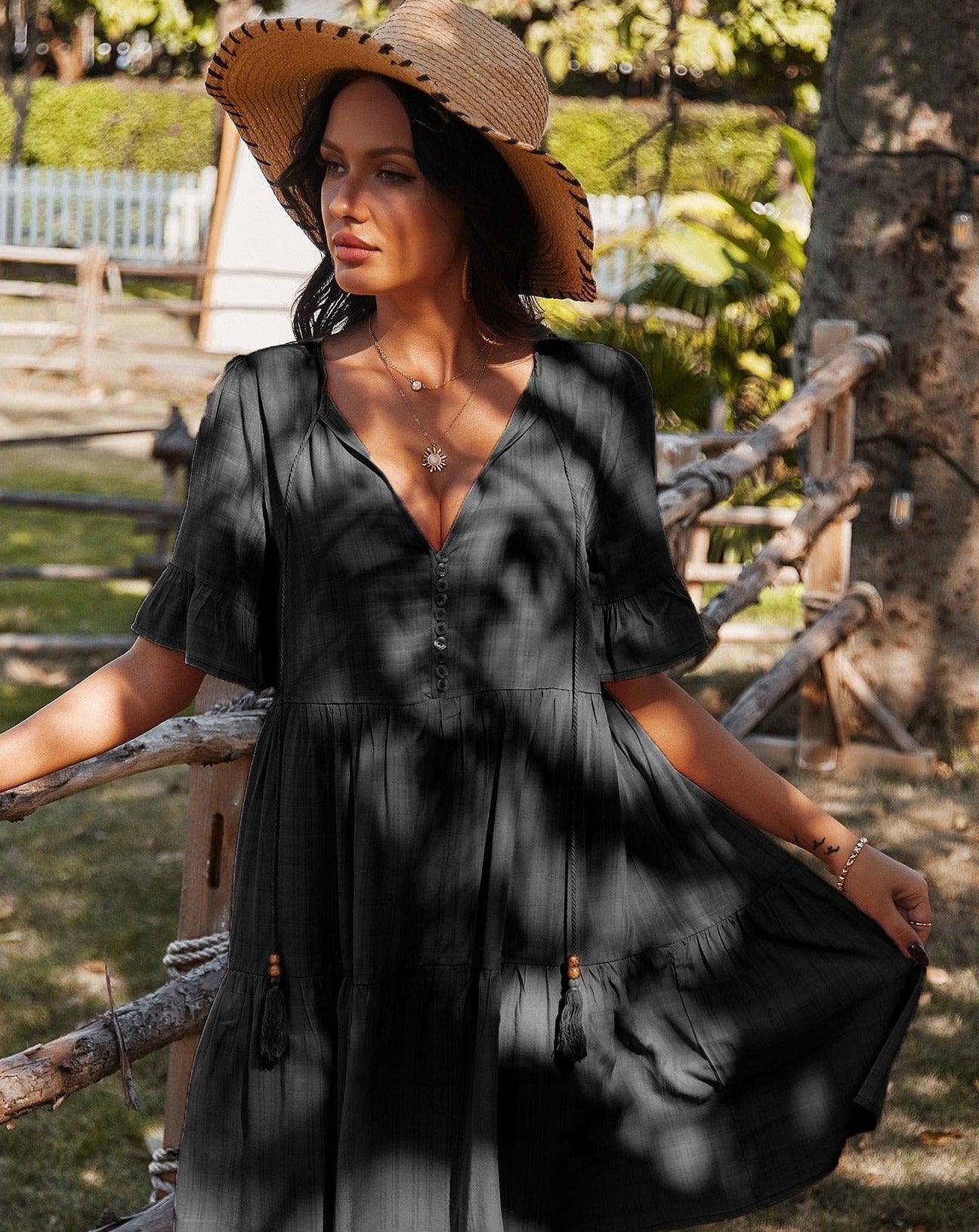 black bohemian loose fit short sleeve dress with buttons