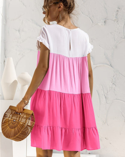 Boho Minimalist Short Sleeve Color Blocks Loose Mini Dress pink