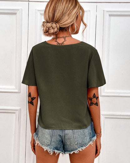 Solid V-Neck Buttons Blouses green