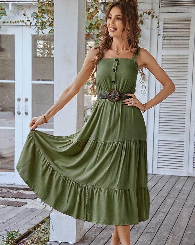 Boho Solid Sleeveless Midi Dress green