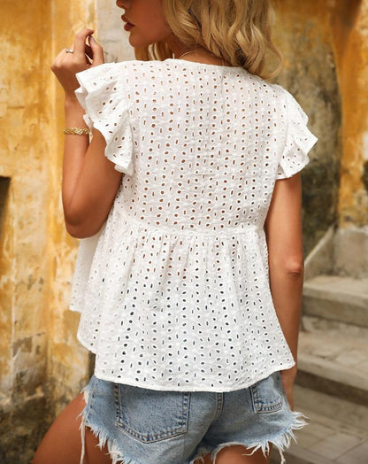Ruffles Sleeve Hollow Out Top White