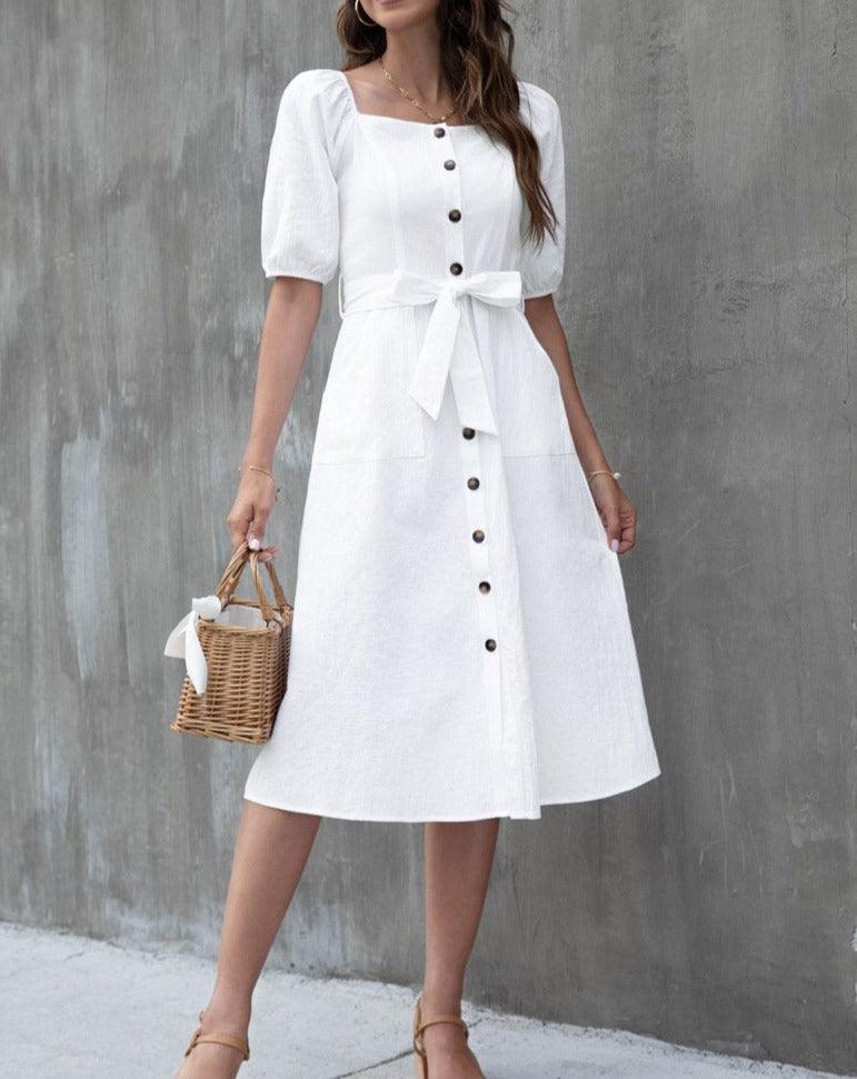 Boho Lantern Mid Sleeve Midi Dress white