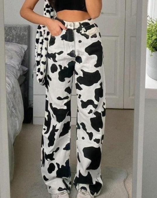 Cow Print High Waist Straight Jeans