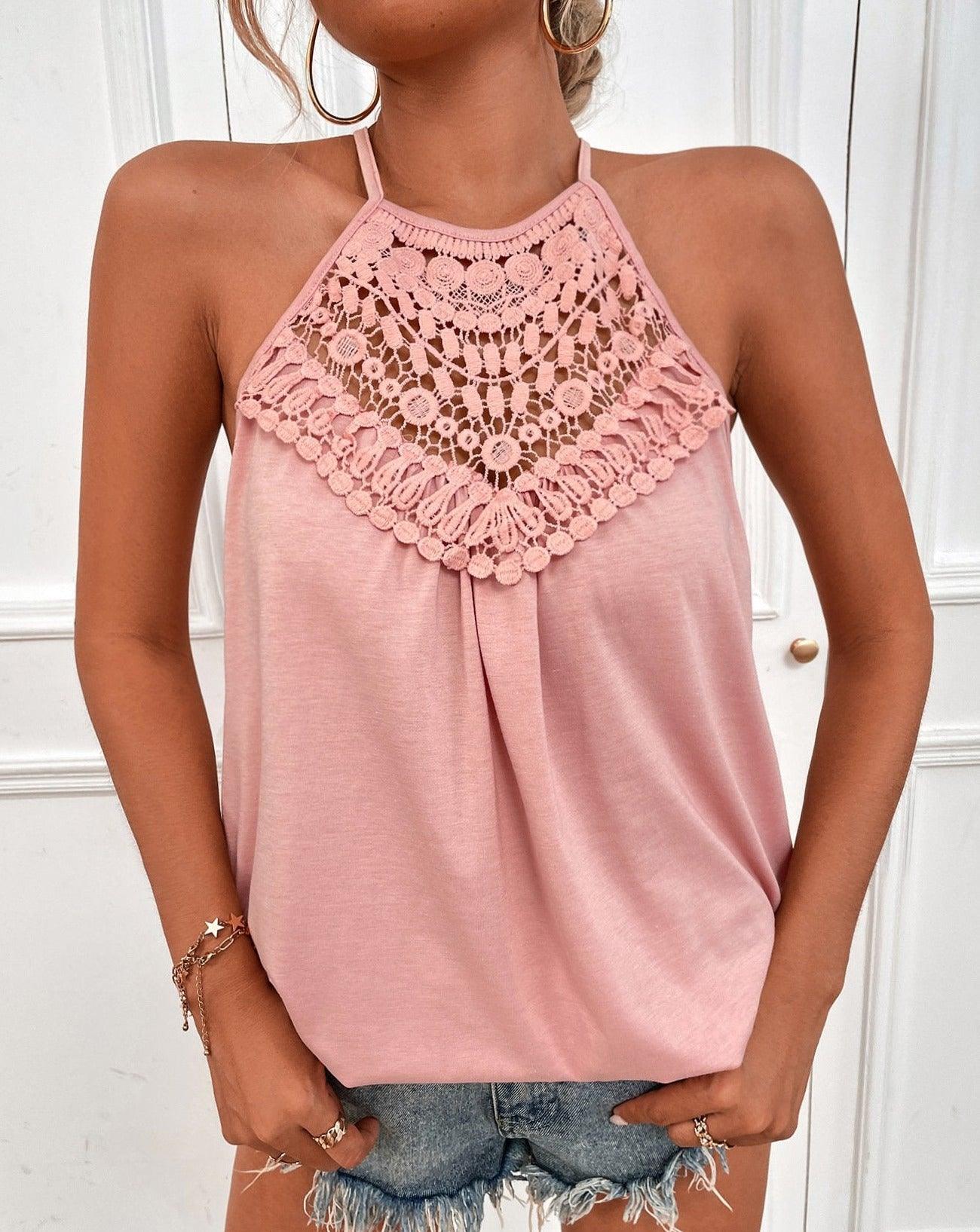 Solid Sleeveless Lace Patchwork Tank Top pink