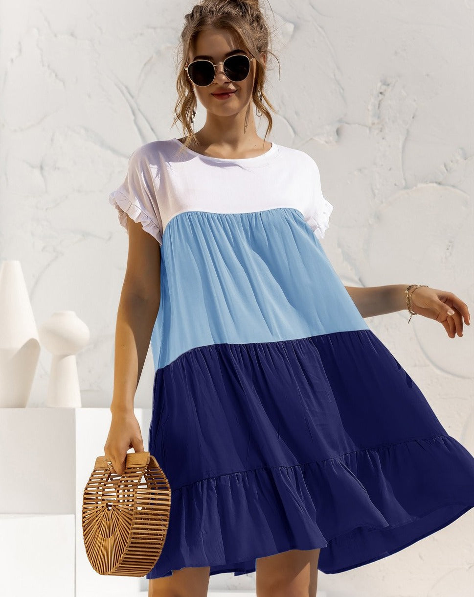 Boho Minimalist Short Sleeve Color Blocks Loose Mini Dress blue