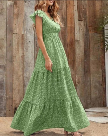 Boho Short Sleeve Flora Tiered Maxi Dress Green