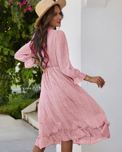 Boho Floral Long Sleeve Midi Dress pink