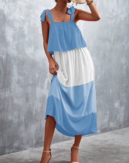 Boho Sleeveless Tie Shoulder Color Blocks Midi Dress Blue & White