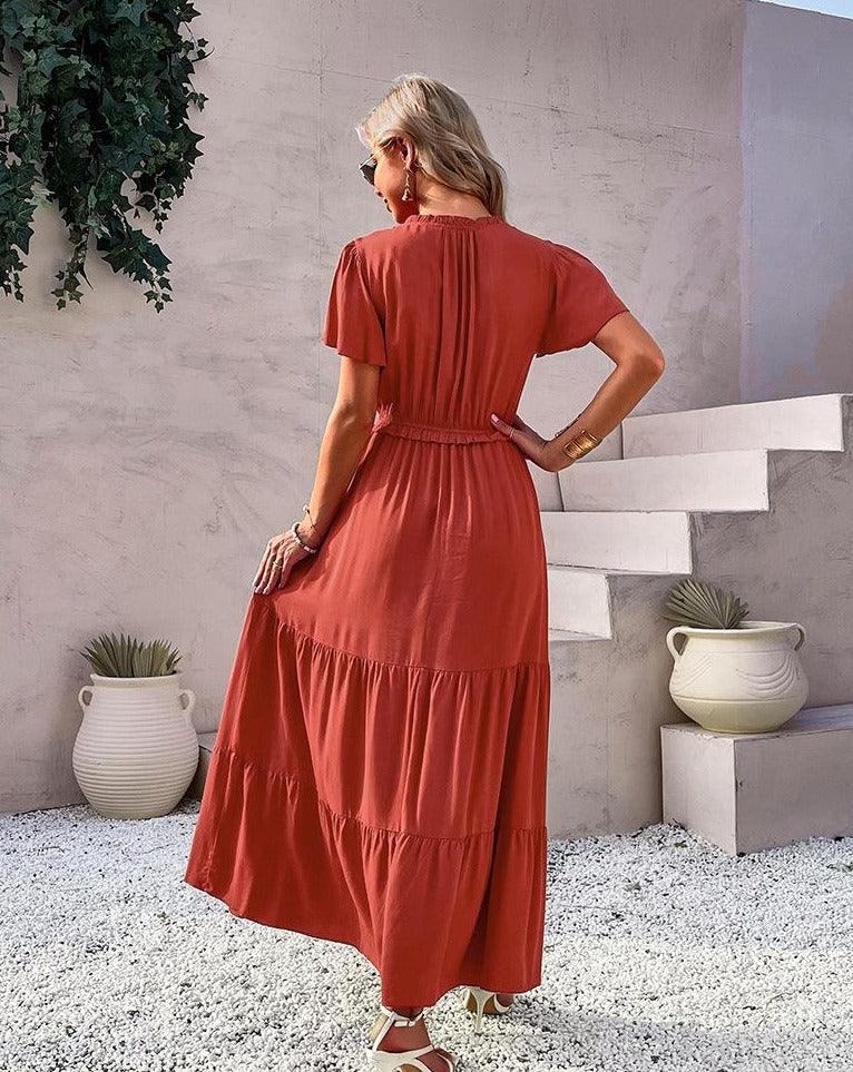 Boho Patchwork Short Sleeve Maxi Dress red
