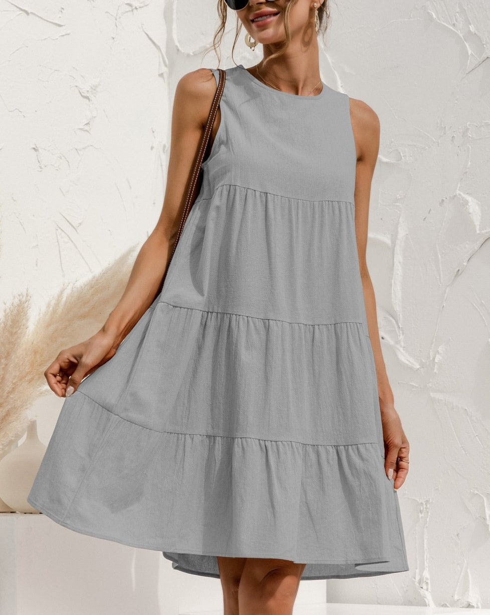 Minimalist Solid Sleeveless Tiered Loose Mini Dress gray