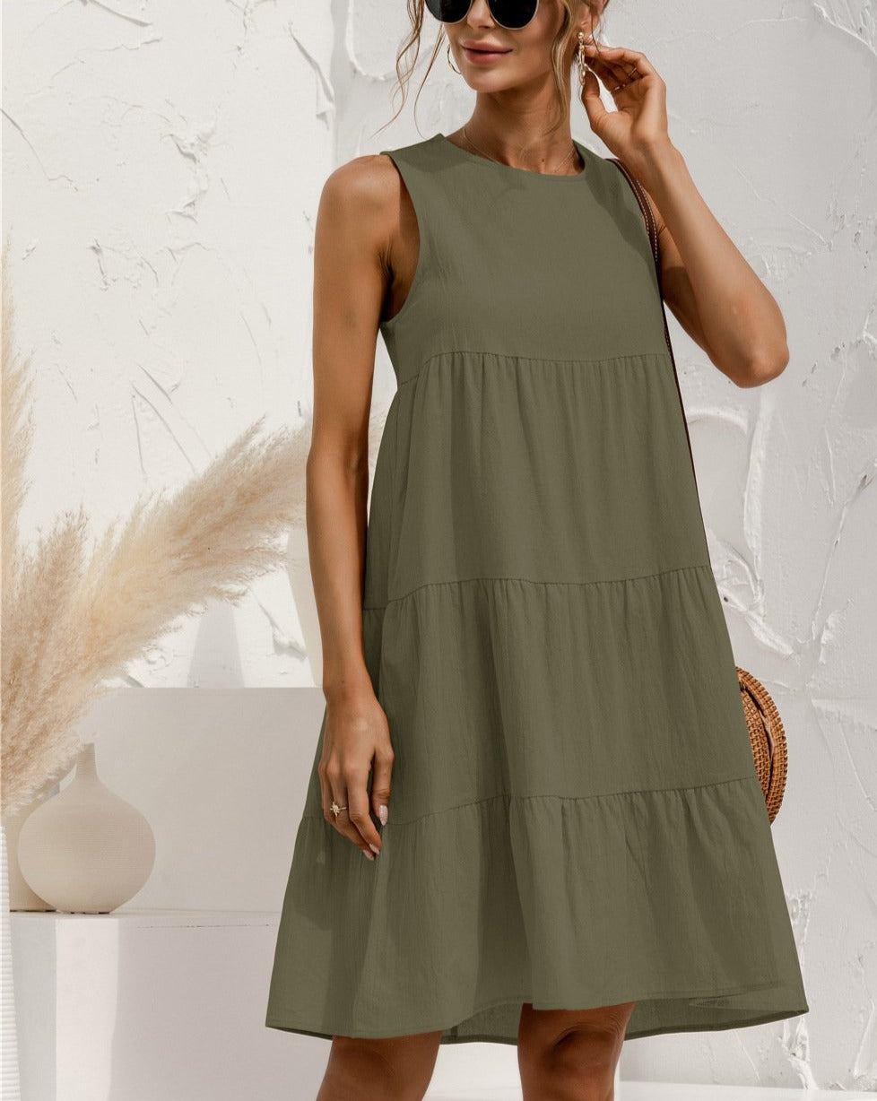 Minimalist Solid Sleeveless Tiered Loose A Line Dress Green