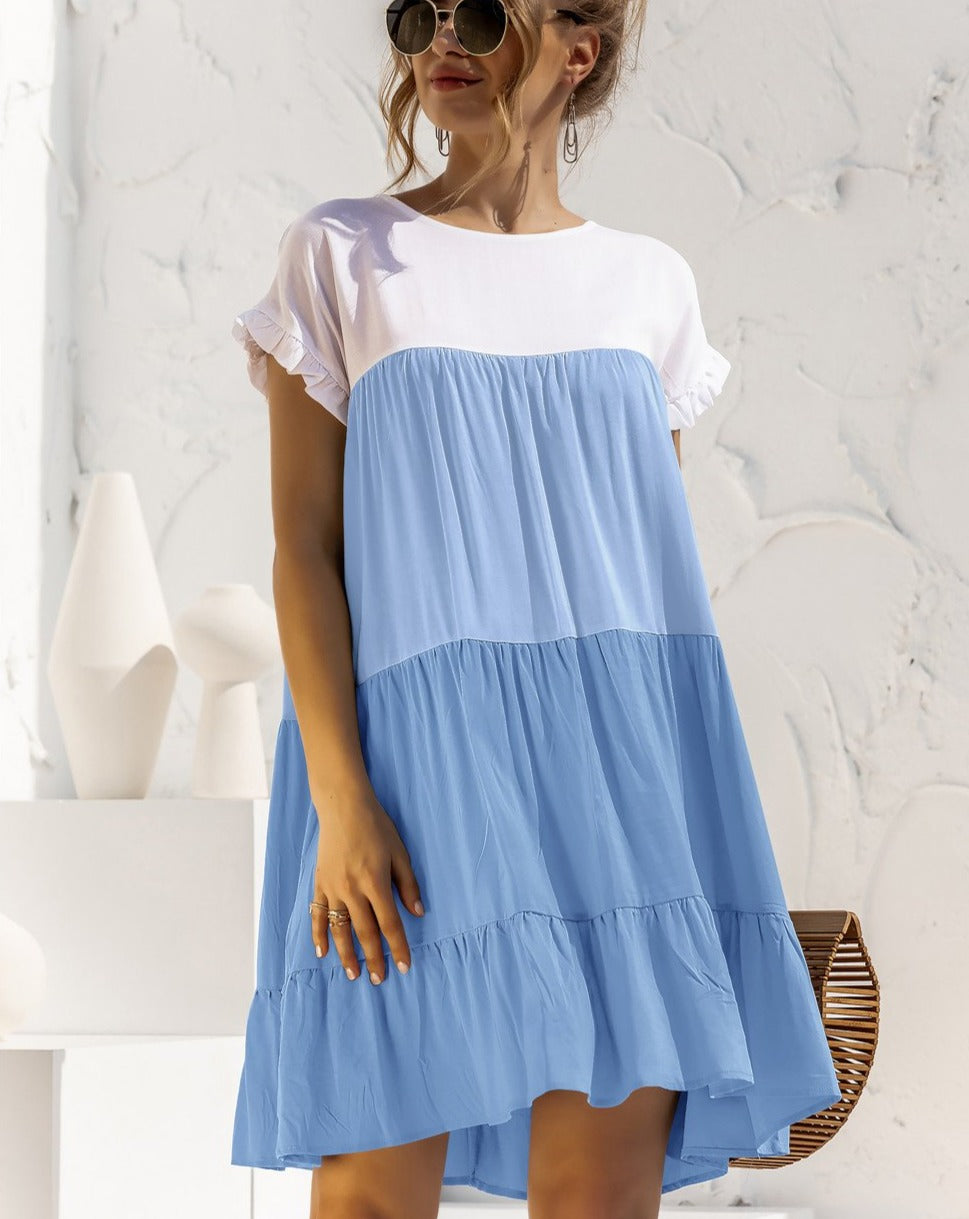 Boho Minimalist Short Sleeve Color Blocks Loose Mini Dress blue