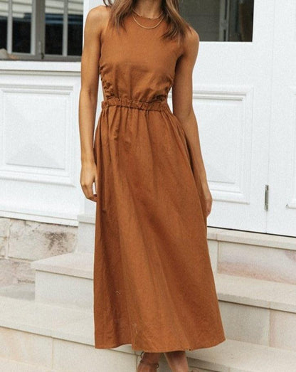 Solid Sleeveless Backless Midi Dress brown