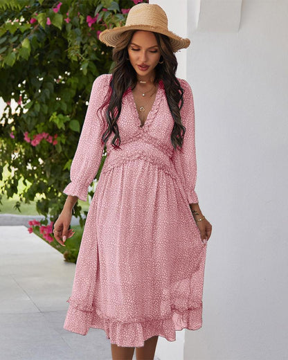Boho Floral Long Sleeve Midi Dress pink