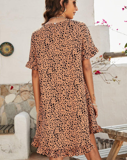 Boho Leopard Short Sleeve Mini Dress brown