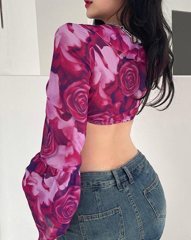 Rose Print Long Sleeve Crop Shirt