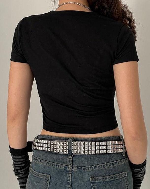 black rhinestone heart wing graphic cropped top