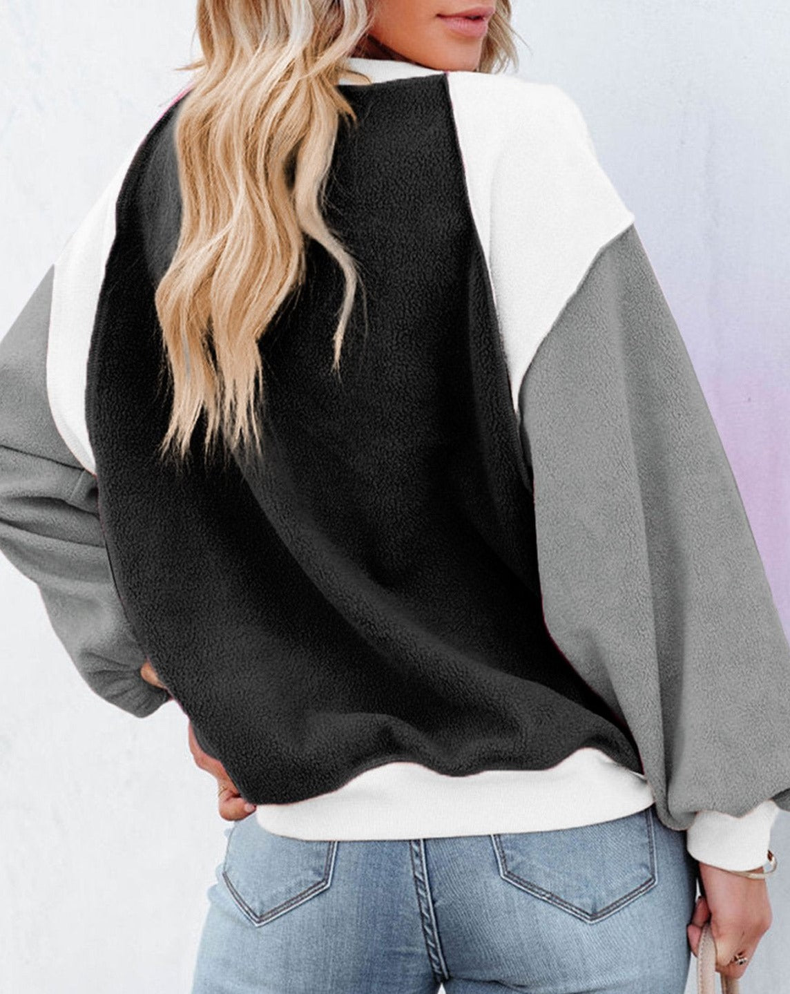 Plush Fleece Long Sleeve Patchwork Sweatshirt Pullover black