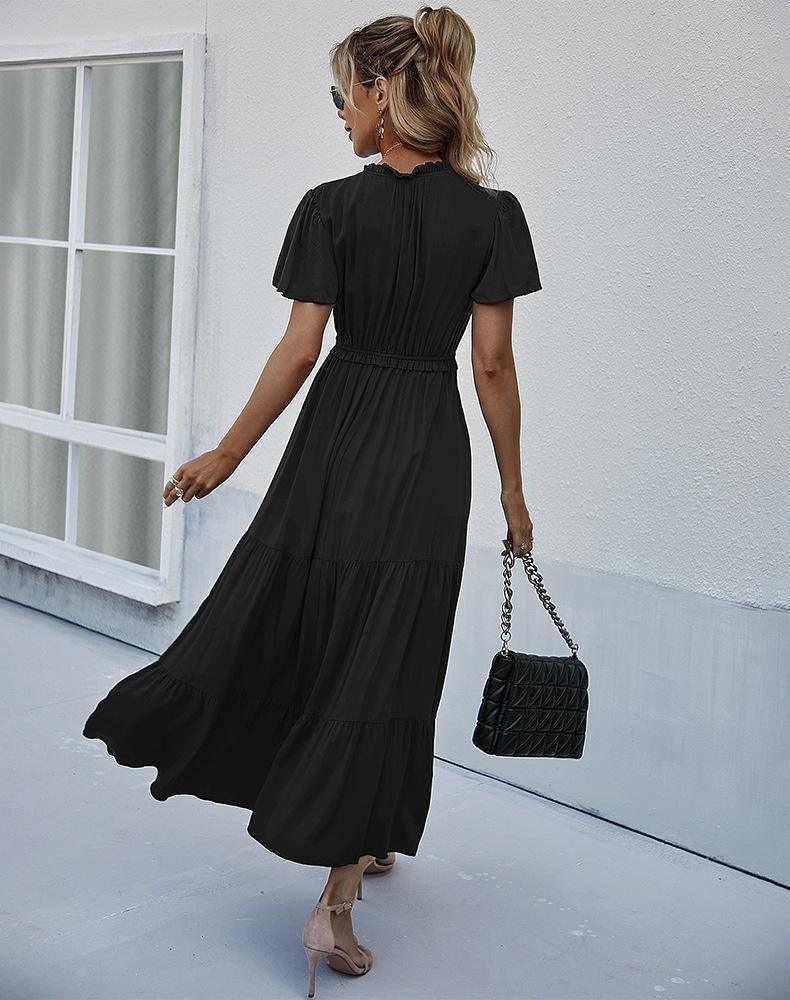 Boho Patchwork Short Sleeve Maxi Dress black